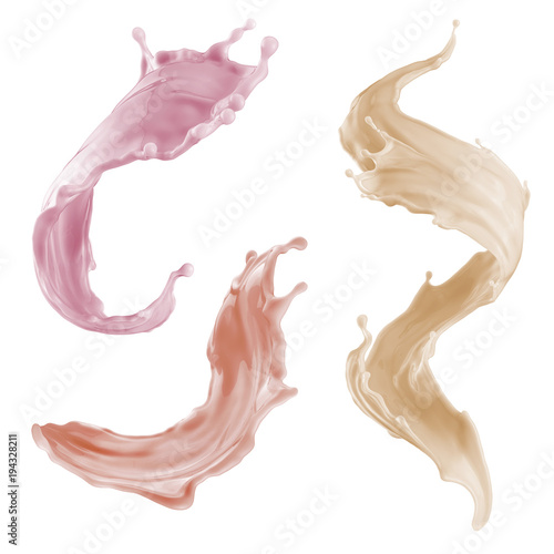 3d render, abstract liquid, smooth pastel splashes, smoothie drink, colorful wavy jets, food ingredients, natural colors, cosmetics fluid, isolated splashing clip art set
