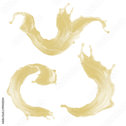 3d render, abstract liquid, smooth pastel splashes, vanilla smoothie drink, yellow wavy jets, food ingredients, butter, creamy cosmetics fluid, isolated splashing clip art set