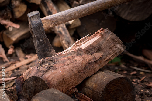 ax with a wooden handle and the background log out of focus