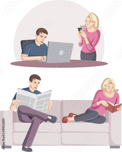 Couple with laptop, smarthphone. Young people reading book and newspaper on sofa. 