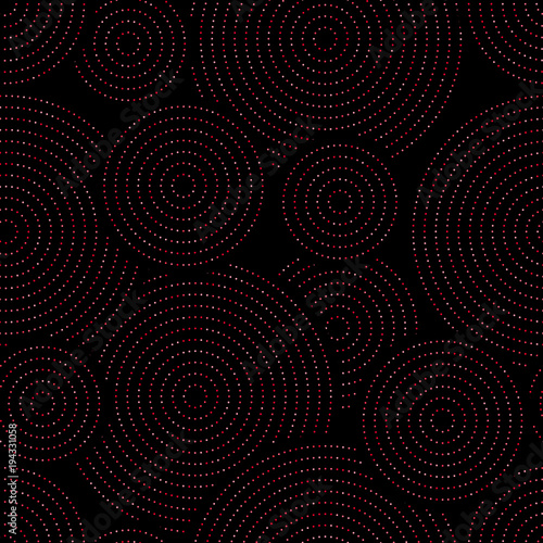 Vector seamless geometric pattern. Colored dots arranged in a circle on a black background.