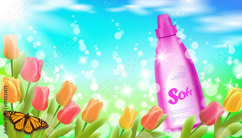 Realistic fabric softener spring landscape green grass blue sky light background tulip flower butterfly sakura cherry blossom. 3d laundry household detergent branding product vector illustration