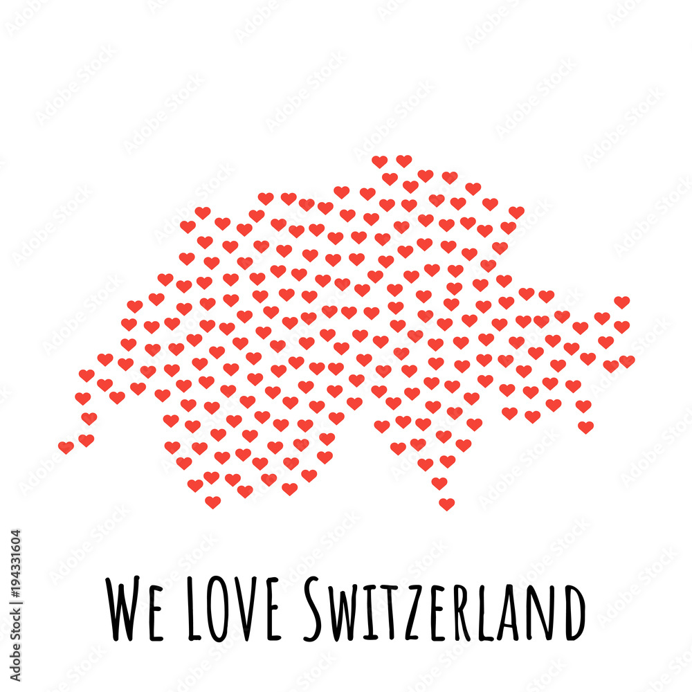 Switzerland Map with red hearts- symbol of love. abstract background with text We Love Switzerland. vector illustration. Print for t-shirt Switzerland Map with red hearts- symbol of love. abstract background with text We Love Switzerland. vector illustration. Print for t-shirt