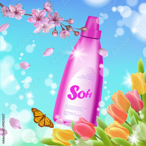 Realistic fabric softener spring landscape green grass blue sky light background white feather. 3d template mock up laundry household detergent branding luxury cosmetic product vector illustration