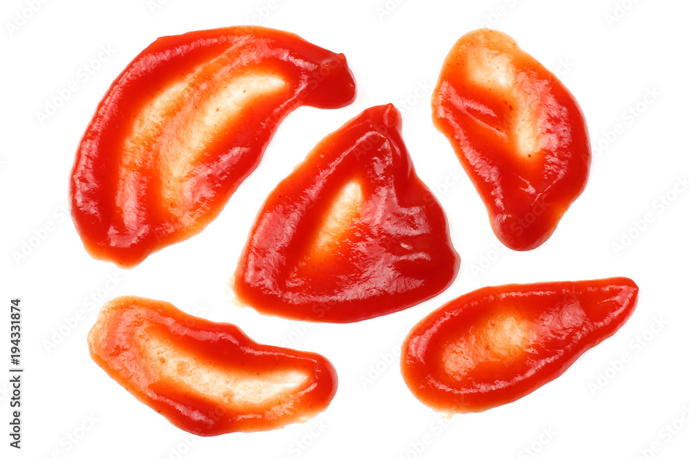 red ketchup splashes isolated on white background top view red ketchup splashes isolated on white background top view