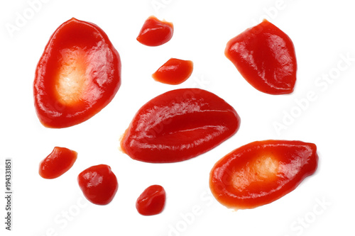 red ketchup splashes isolated on white background top view