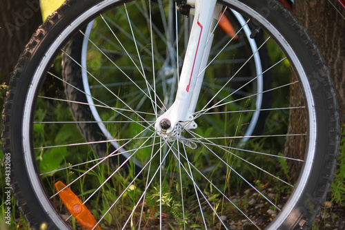 bicycle wheel on grass background