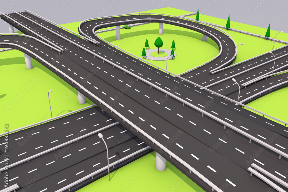 3d abstract illustration of a highway and the bridge on a background of green grass, trees and blue sky.