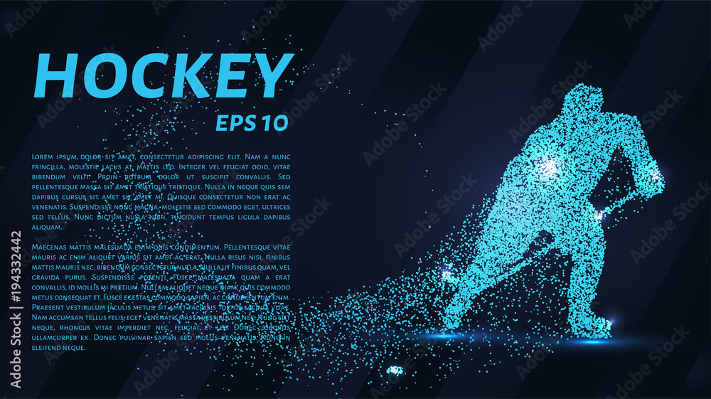Obraz premium A hockey game consists of points. Particles in the form of a hockey player on a dark background. Vector illustration. Graphic concept of hockey.