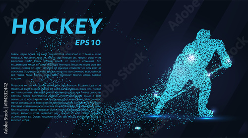 A hockey game consists of points. Particles in the form of a hockey player on a dark background. Vector illustration. Graphic concept of hockey.