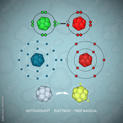Antioxidant and free radical molecules or atoms vector set an illustration of a way how antioxidant works by donating an electron to match unpaired one of the free radical and form stable molecule