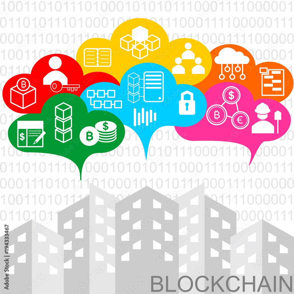 Blockchain vector background illustration with clouds and icons. Blockchain concept.