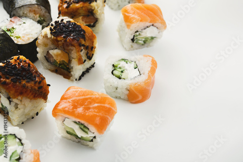 Set of sushi rolls, maki on white background