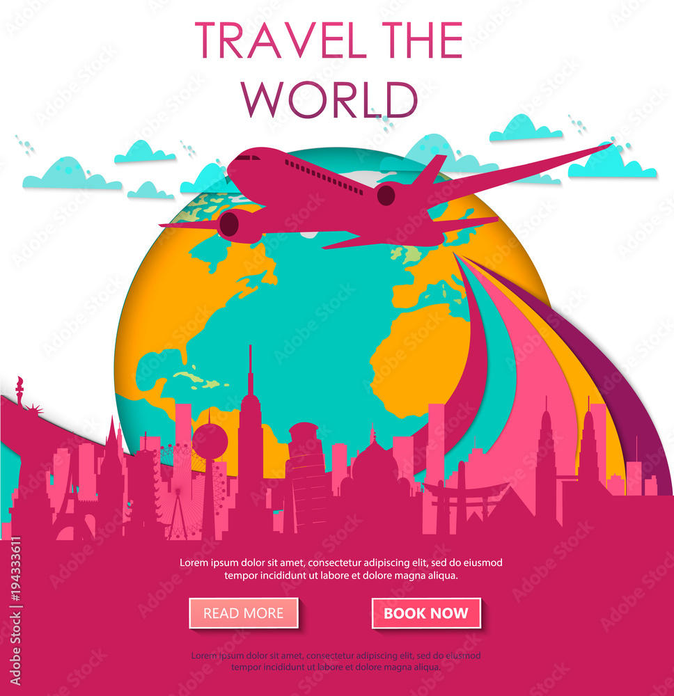 Fototapeta premium Travel to World. Vacation. Trip to World. Tourism. Travel banner. Travelling illustration. Colorful modern flat design. EPS 10.