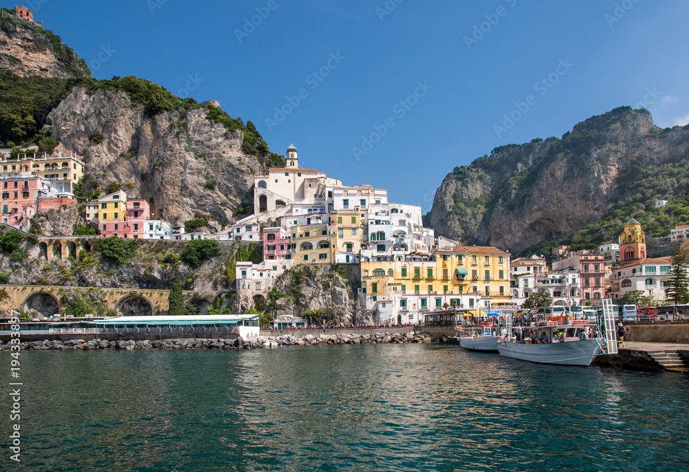 Waterfront view of beautiful Amalfi town, Italy.