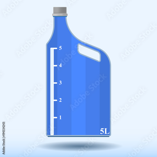 Vector image of a plastic bottle with a measuring scale of five liters. Pattern with a shadow from a bottle