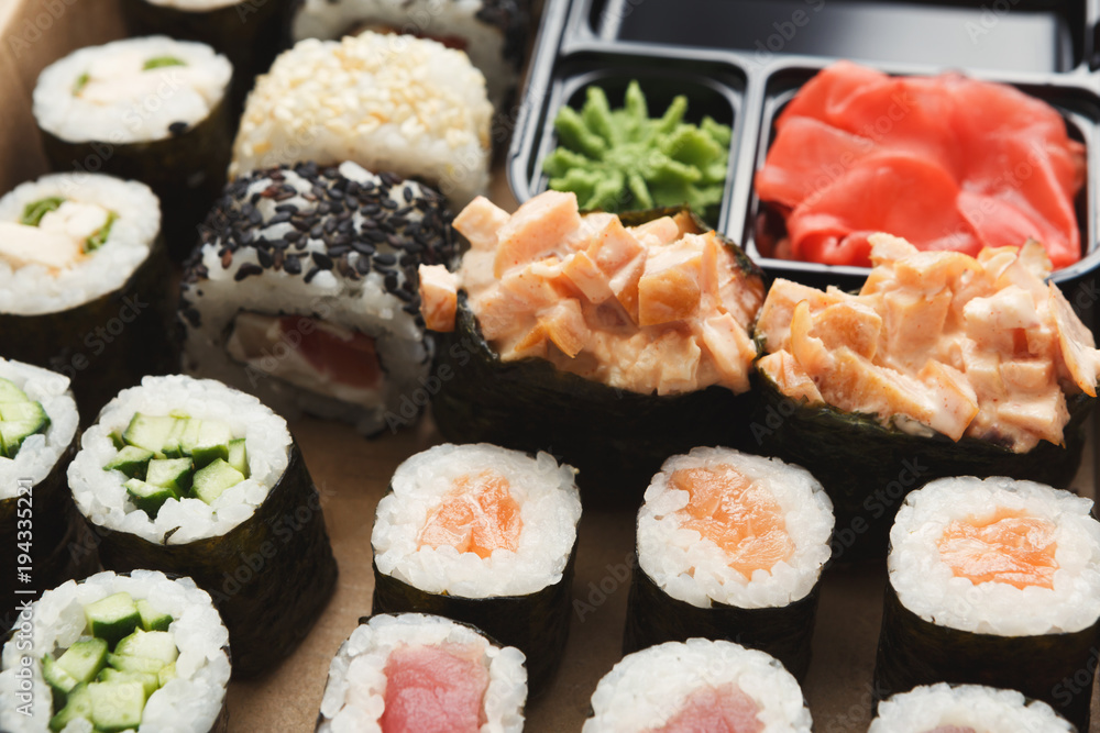 Closeup of set of sushi maki and rolls Closeup of set of sushi maki and rolls