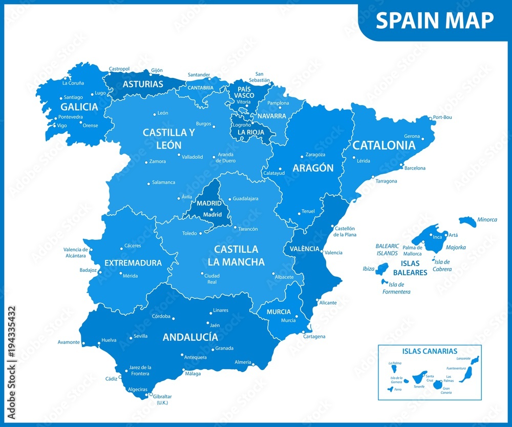 The detailed map of the Spain with regions or states and cities, capitals