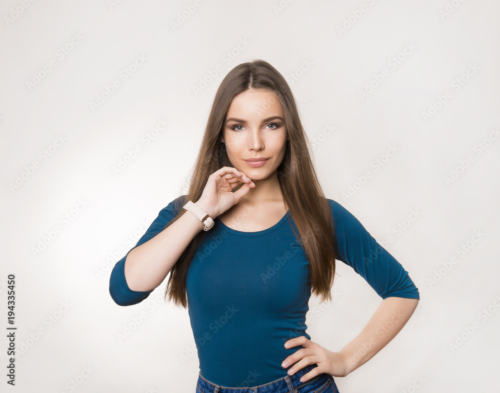 beautiful young woman with long brown hair wearing wrist watch beautiful young woman with long brown hair wearing wrist watch