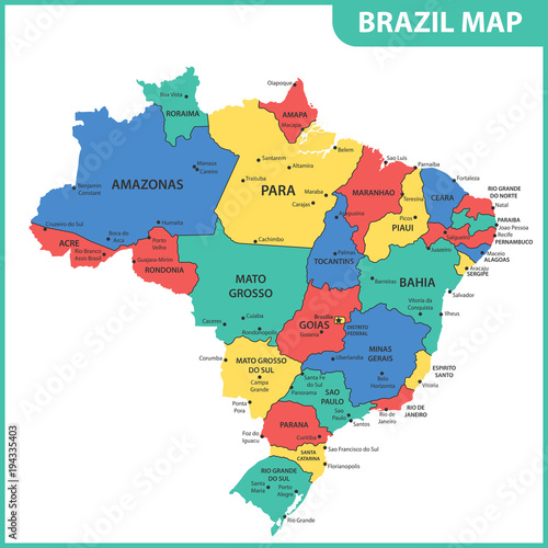 Fotografie The detailed map of the Brazil with regions or states and cities, capitals