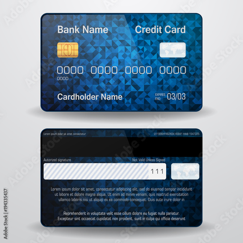Detailed realistic vector credit card. Front and back side. Money, payment symbol