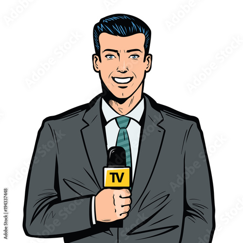 TV presenter with microphone in hand. Breaking news, broadcast concept. Pop art retro vector illustration