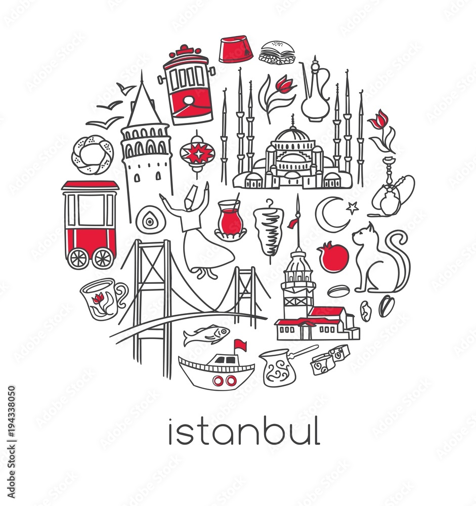 Obraz premium Modern vector illustration Istanbul with circle composition of hand drawn turkish symbols. Black outline doodle elements isolated on white. City tourism design conception Simple minimalistic style.