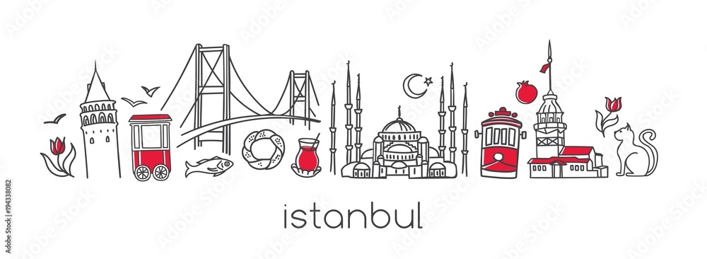 Vector modern illustration Istanbul with hand drawn doodle turkish symbols. Horizontal panoramic scene for banner or print design. Simple minimalistic style with black outline and red elements.