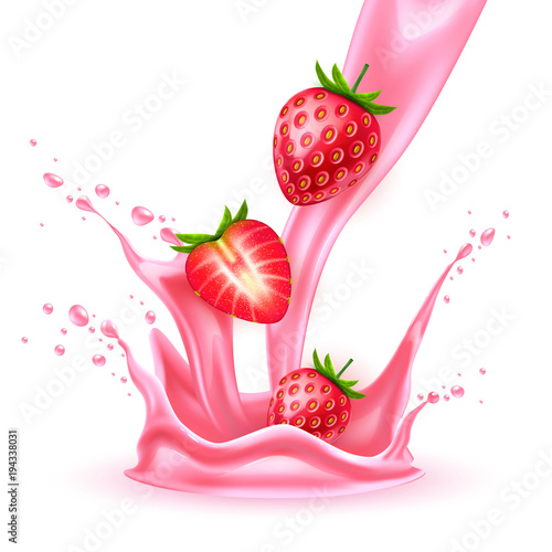 Vector realistic strawberry slice juice splash