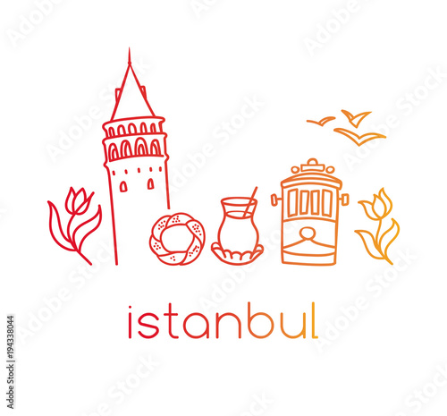 Vector sketchy illustration famous turkish symbols of Istanbul, Turkey. Hand drawn landmarks silhouettes with red, orange and yellow gradient outline isolated on white background.