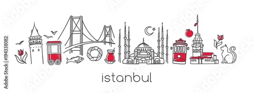 Leinwand Poster Vector modern illustration Istanbul with hand drawn doodle turkish symbols