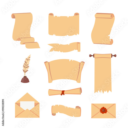 Old Paper scroll vector set. Retro document script with copyspace. Vintage blank and letter illustrations. photo