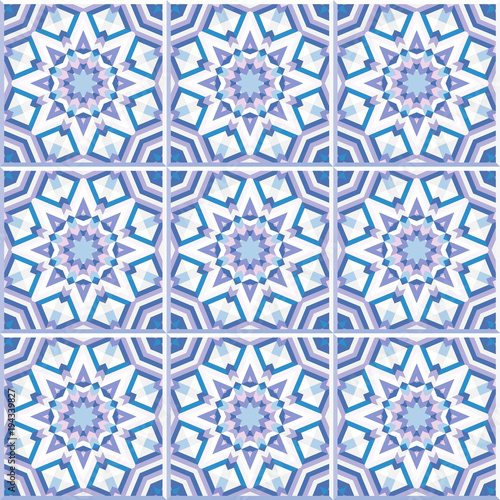 Set of 9 patterned floor tiles. Abstract geometric background. Vector illustration, seamless pattern. Portuguese floor tiles design. Floor cement tiles collection, pale pink, purple and blue colors.