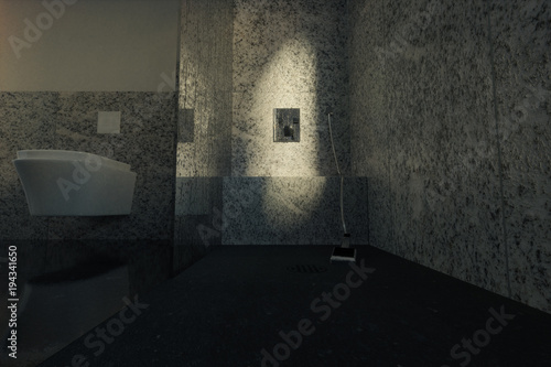 3d rendering of shower tray with white granite stone planes and glass wall