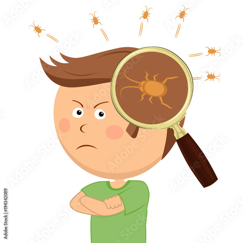 Magnifying glass shows lice in the head of angry little boy