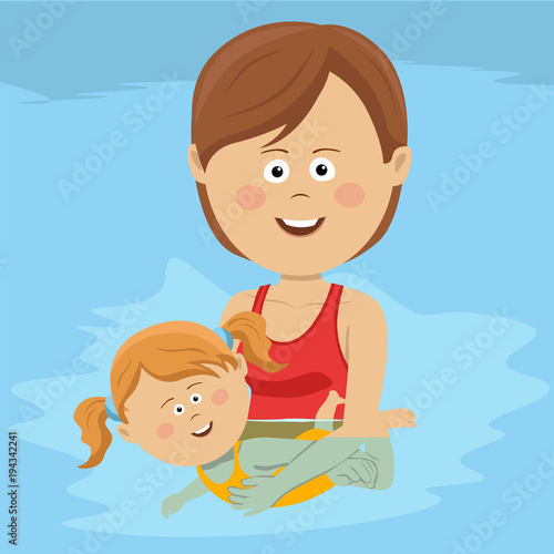 Young happy mom teaches her daughter to swim in swimming pool