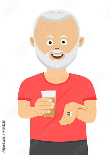 Senior man taking his pills holding glass of water