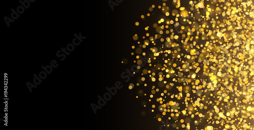 Gold glitter texture. Irregular confetti border on a black background. Christmas or party flyer design element. Vector illustration.