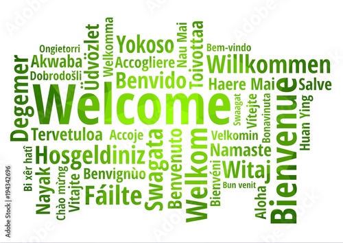 Photo WELCOME word cloud in different languages, concept green low poly background