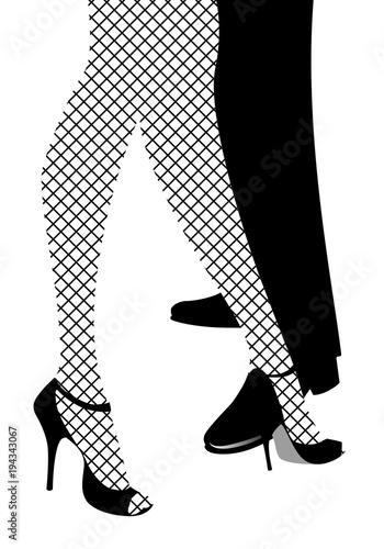 Legs of woman and man dancing tango. Legs of woman wearing fishnet stockings and high heels.