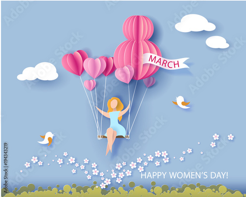 Card for 8 March womens day. Abstract background with text and woman flying with air balloons .Vector illustration. Paper cut and craft style.