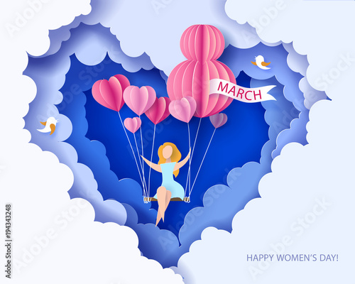 Card for 8 March womens day. Abstract background with text and woman flying with air balloons .Vector illustration. Paper cut and craft style.