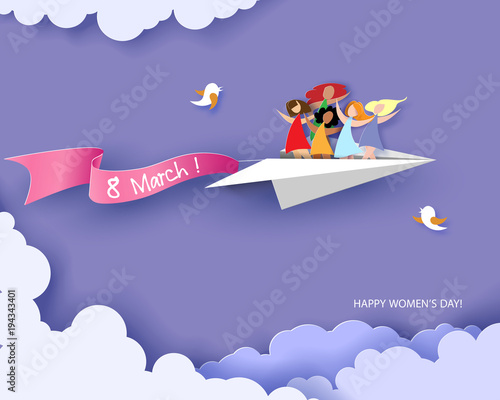 Card for 8 March womens day. Happy women different nationalities flying on paper airplane. Vector illustration. Paper cut and craft style. © Valenty