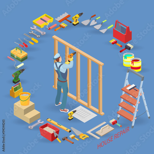 Home repair isometric template. Carpenter builds a wooden constr