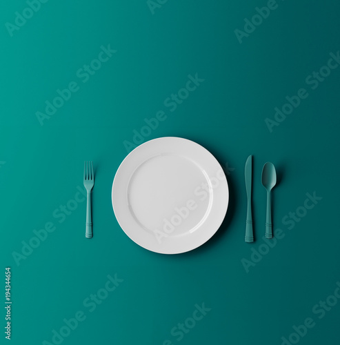 Empty plate, fork and knife isolated on blue dreen background. 3d illustration