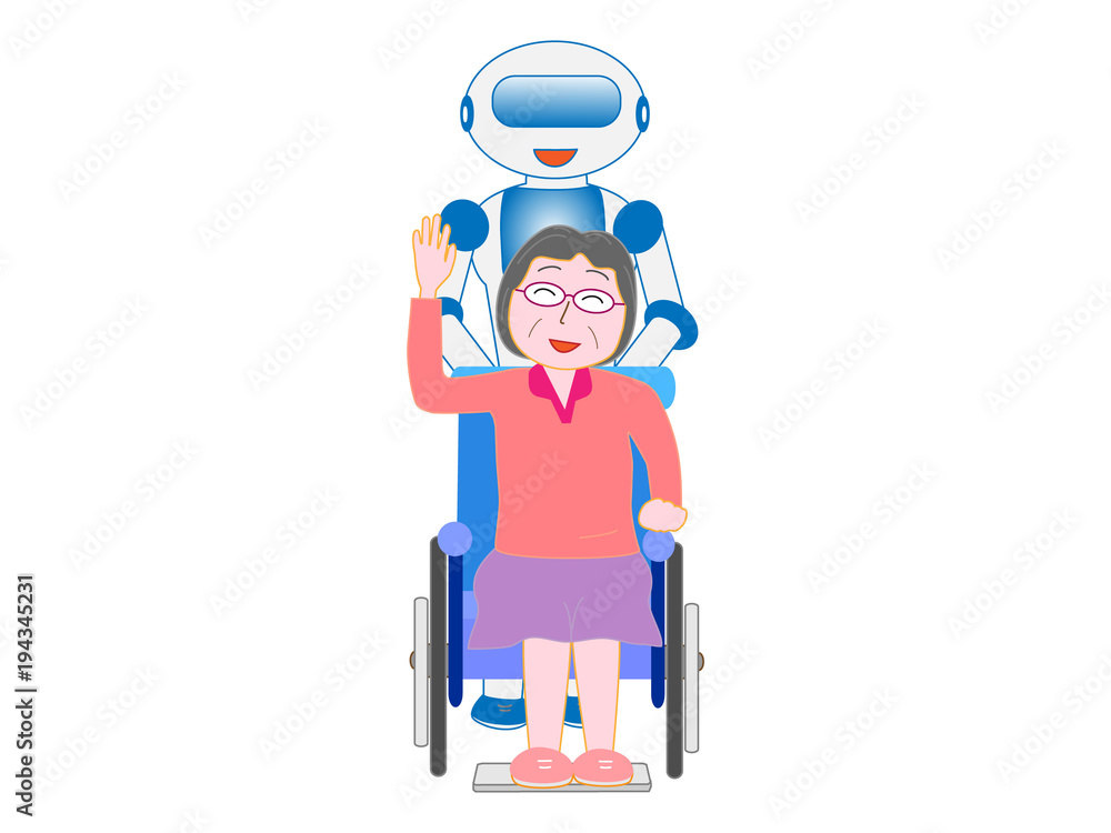 車椅子の高齢者と介護するロボット