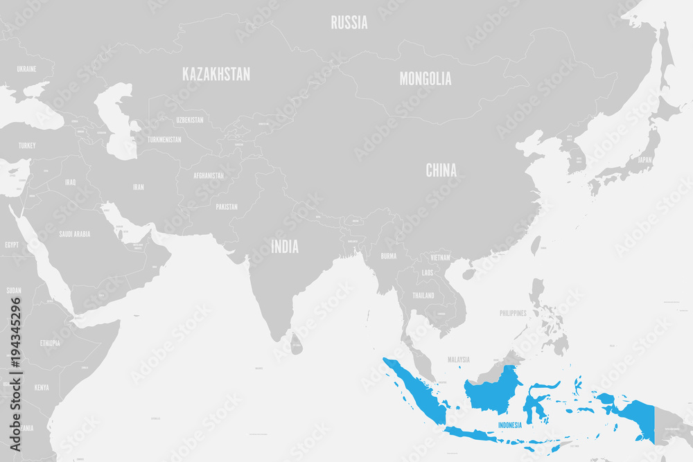 Indonesia blue marked in political map of Southern Asia. Vector illustration.