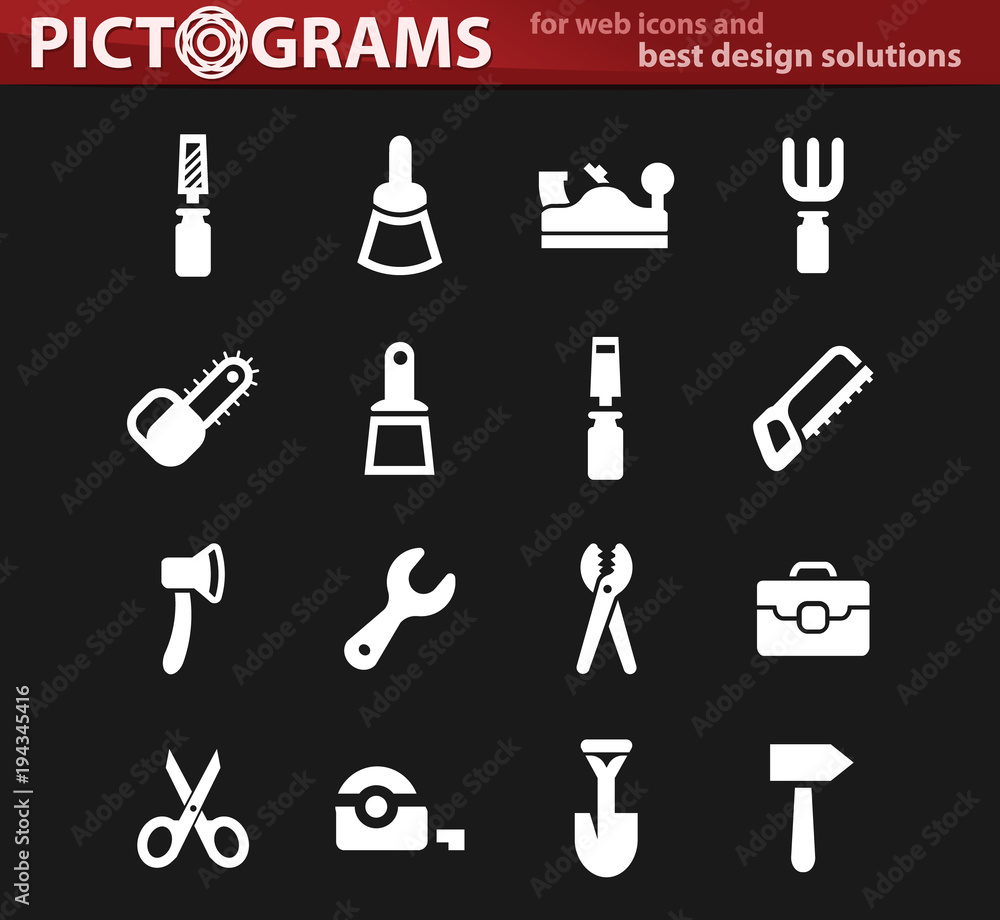 Work tools white icons set Work tools white icons set
