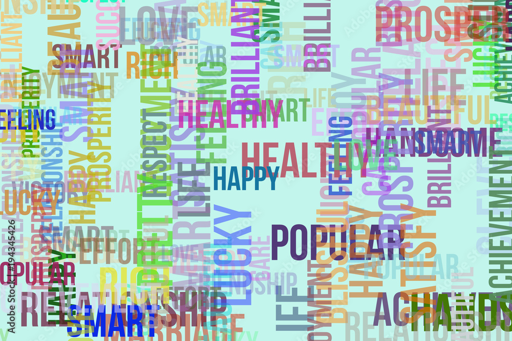 Happy word cloud, for design wallpaper, texture or background. Shape, pattern, clever, pretty, prosperity & care.