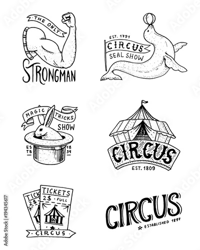 Carnival Circus badge. Banner or poster with animals. strongman and seal, hare in the hat, magic in the tent. festival with actors. engraved emblem hand drawn. theater and marquee.